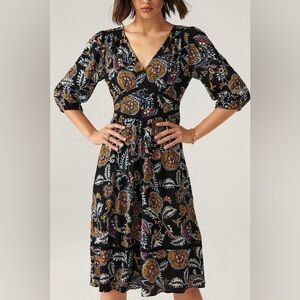 $395 ba&sh Vienne Black and Gold Paisley V Neck Midi Dress